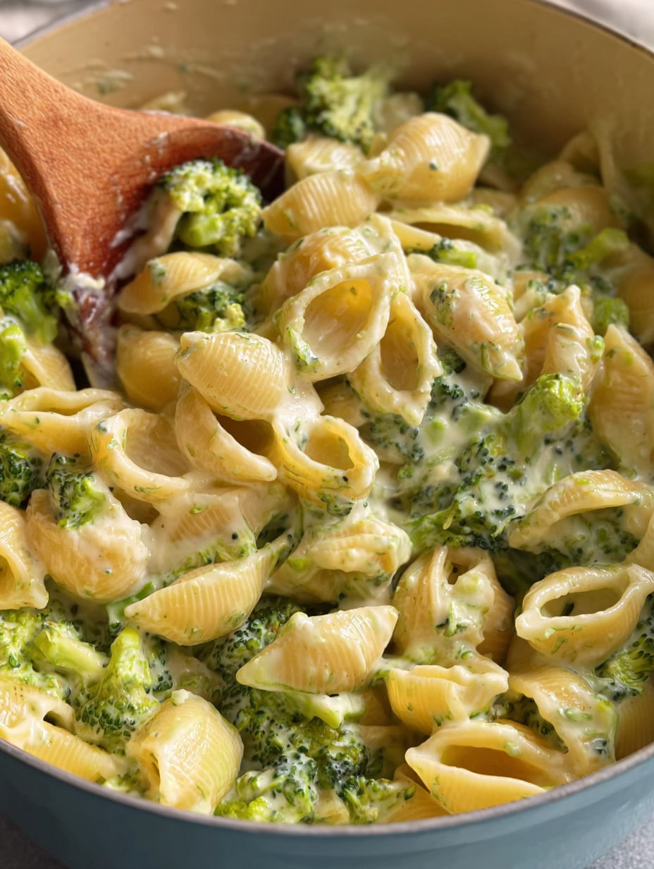 A bowl of macaroni and cheese with broccoli.