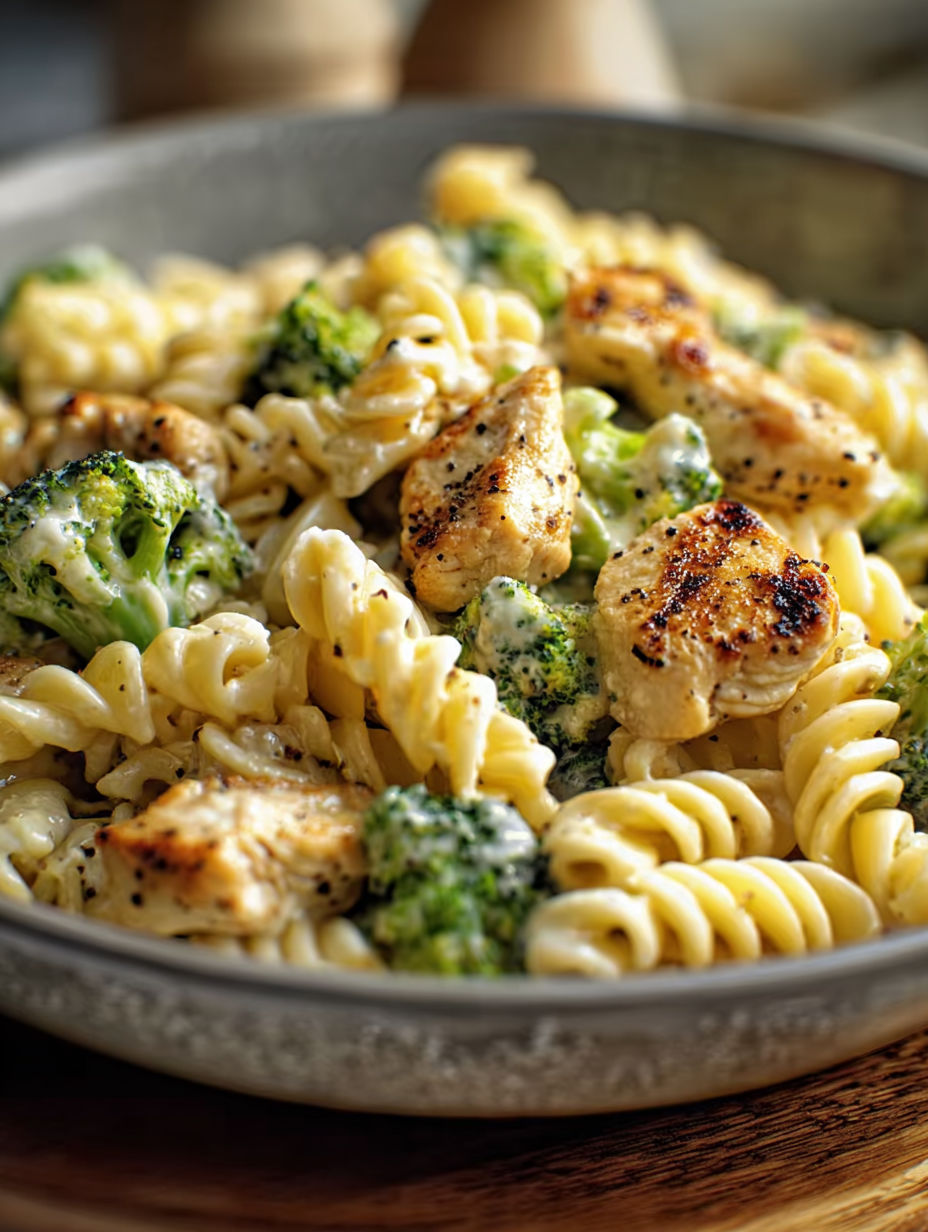 A dish of pasta with chicken and broccoli.