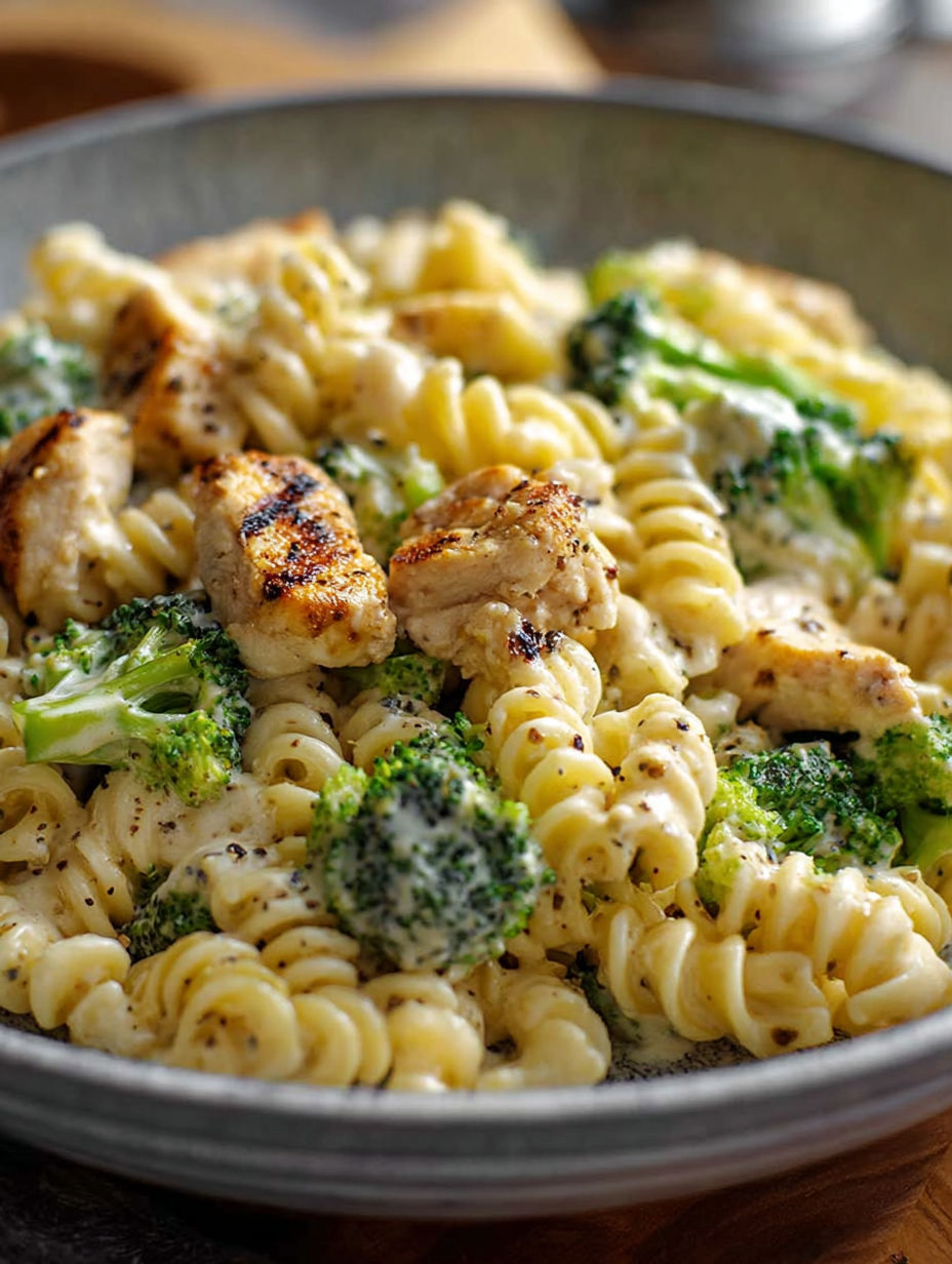 A bowl of pasta with chicken and broccoli.