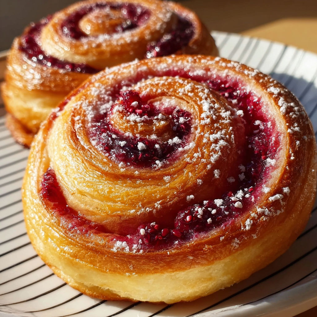 Two sugar raspberry danish buns on a plate.