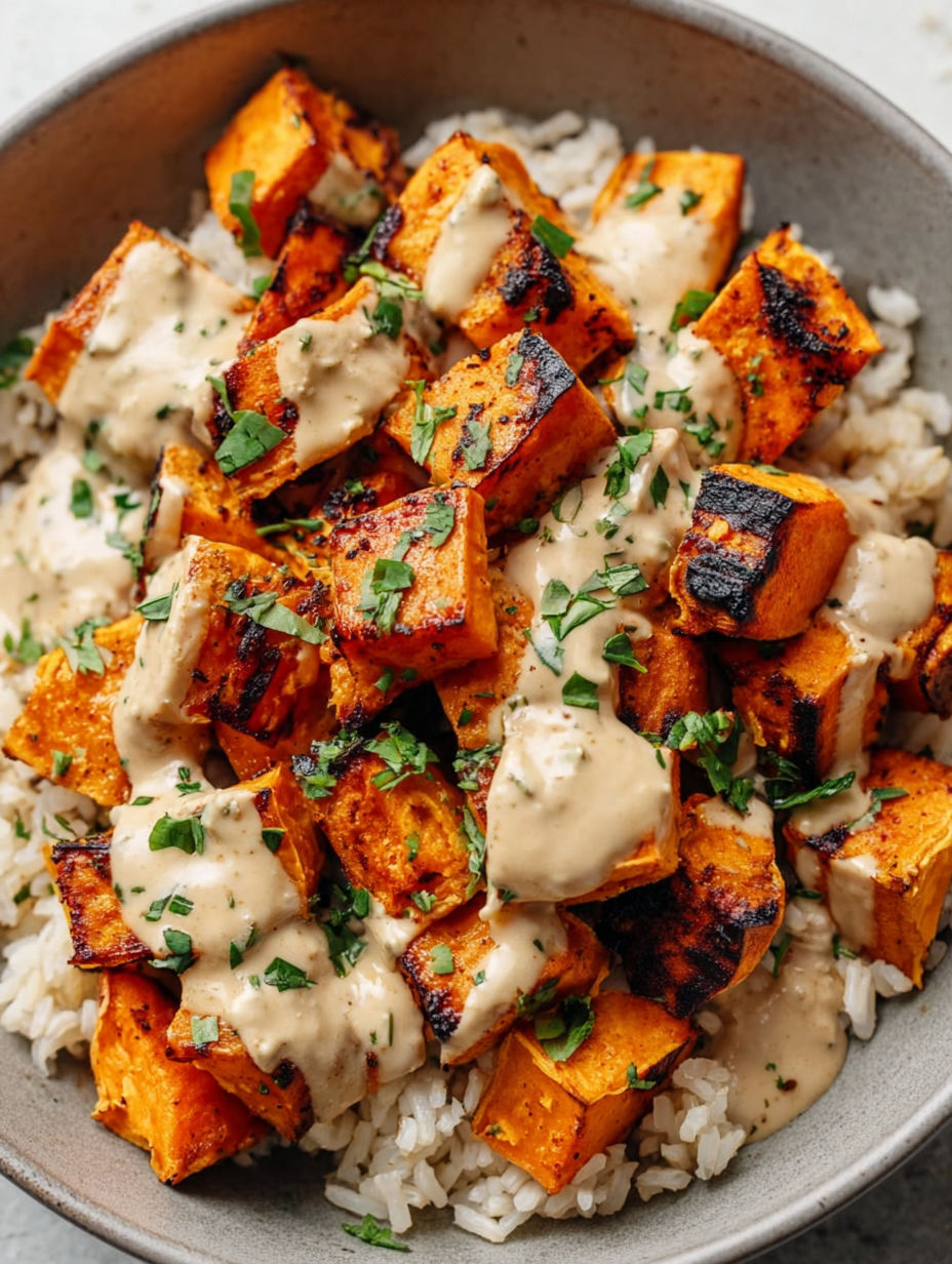 A bowl of rice and chicken with sweet potatoes.