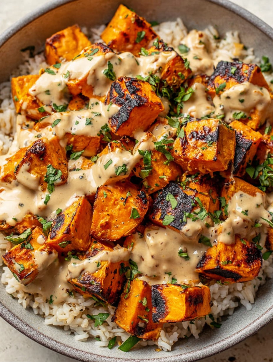 A bowl of rice with chicken and sweet potatoes.