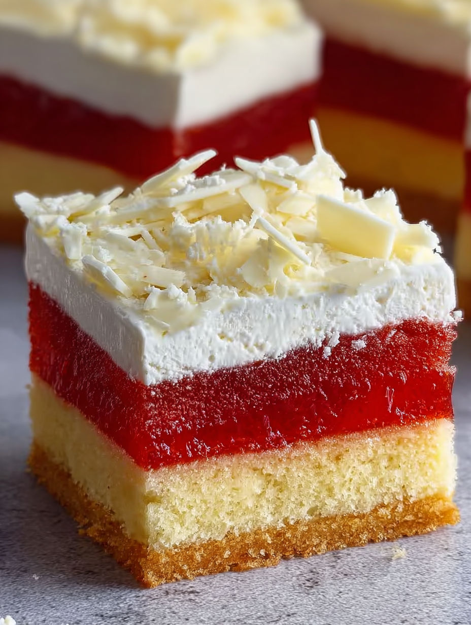 A slice of cake with white frosting and red jelly.