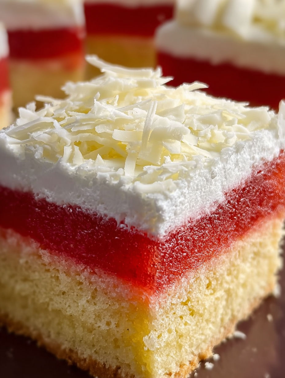A slice of cake with white frosting and red stripes.