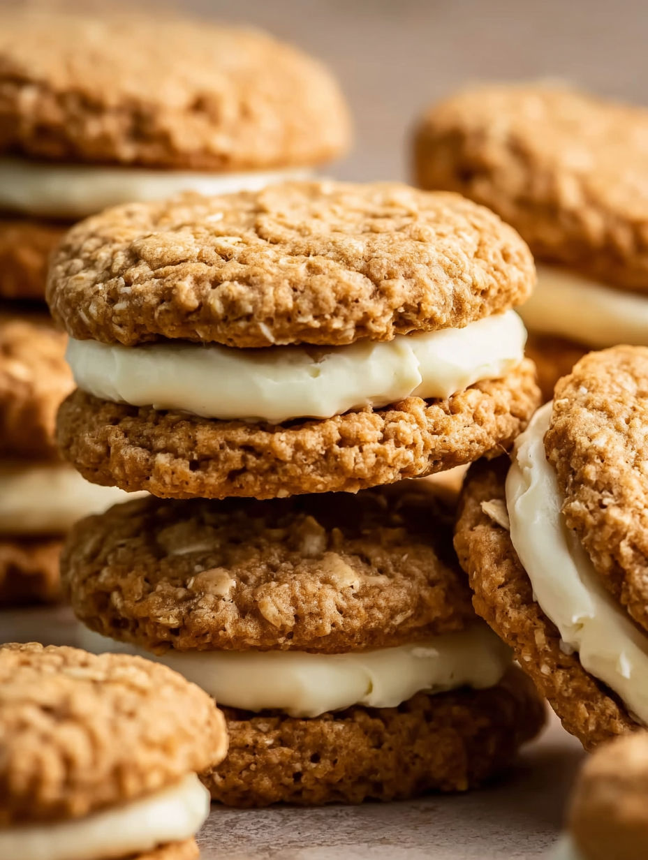 Banana oatmeal cream pies stacked on top of each other.