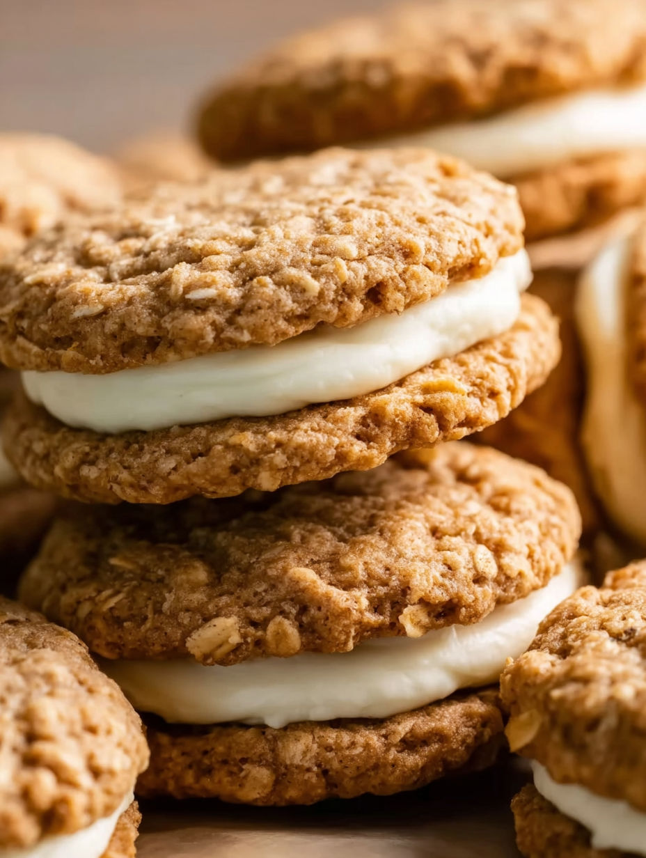 Banana oatmeal cream pies stacked on top of each other.