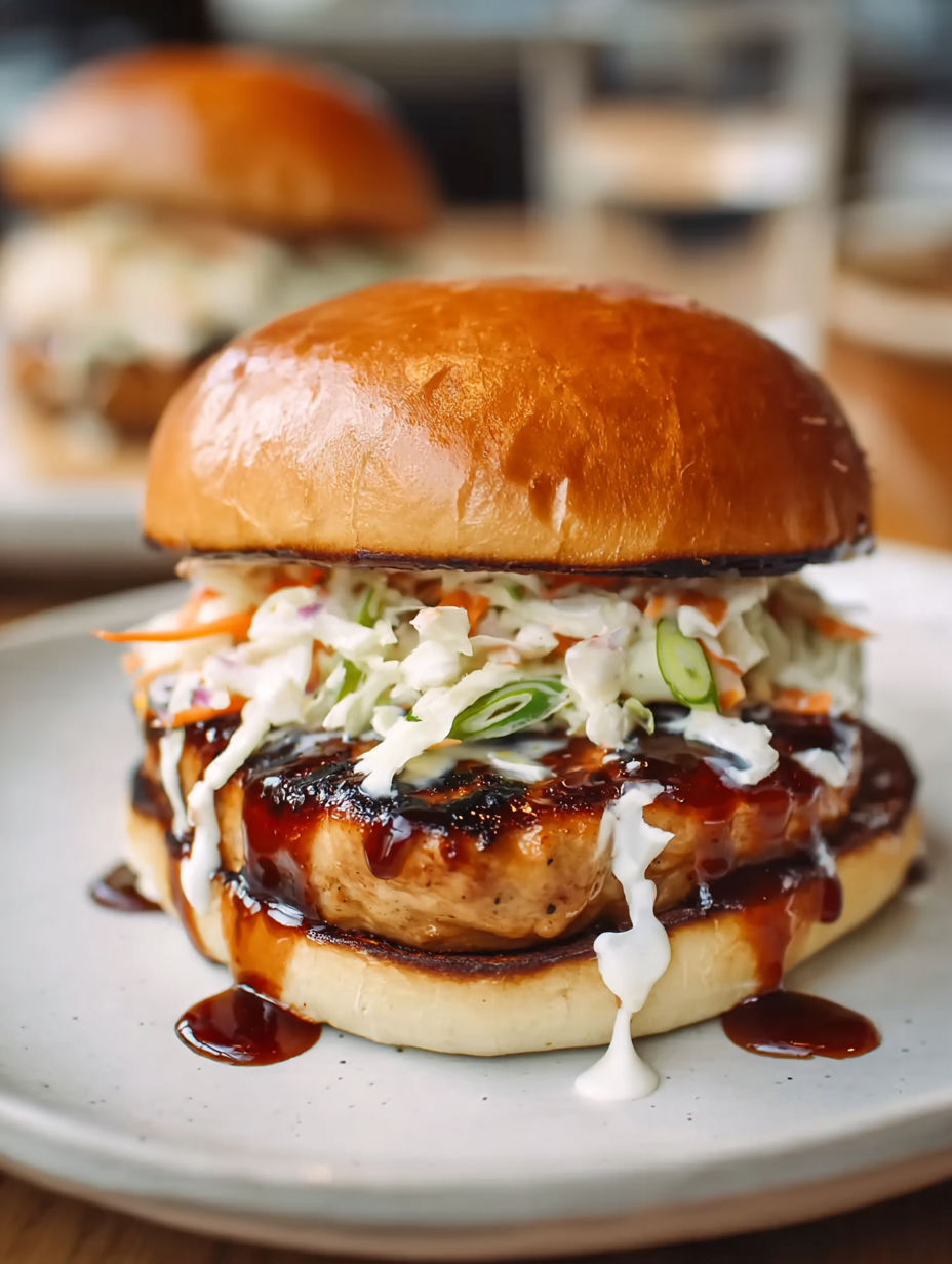 A Chicken Teriyaki Burger with sauce dripping off of it.