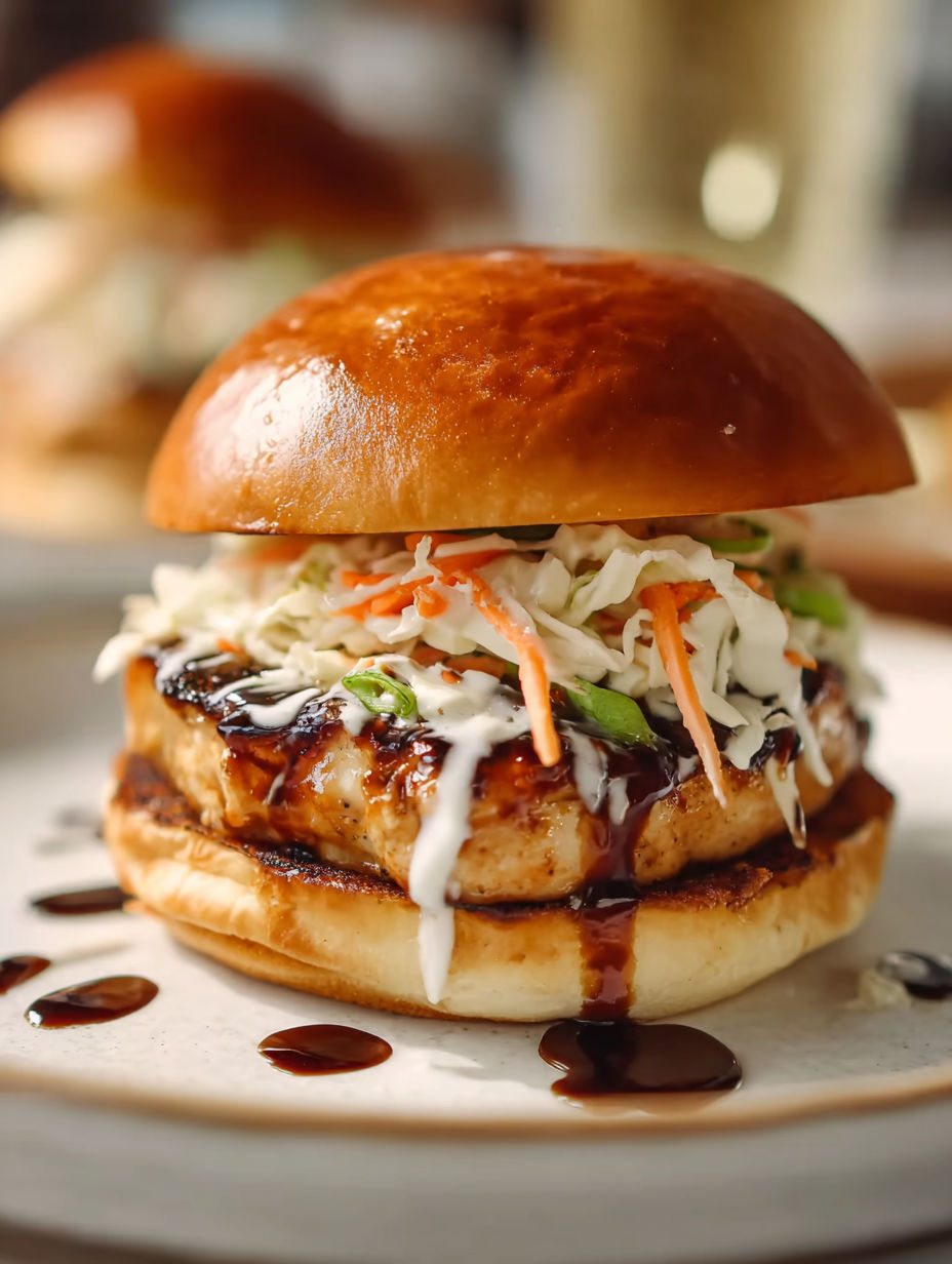 A chicken teriyaki burger with sauce and vegetables.