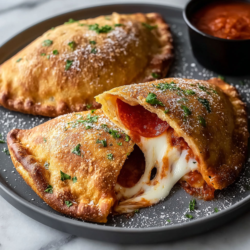 Two calzones with pepperoni and cheese.