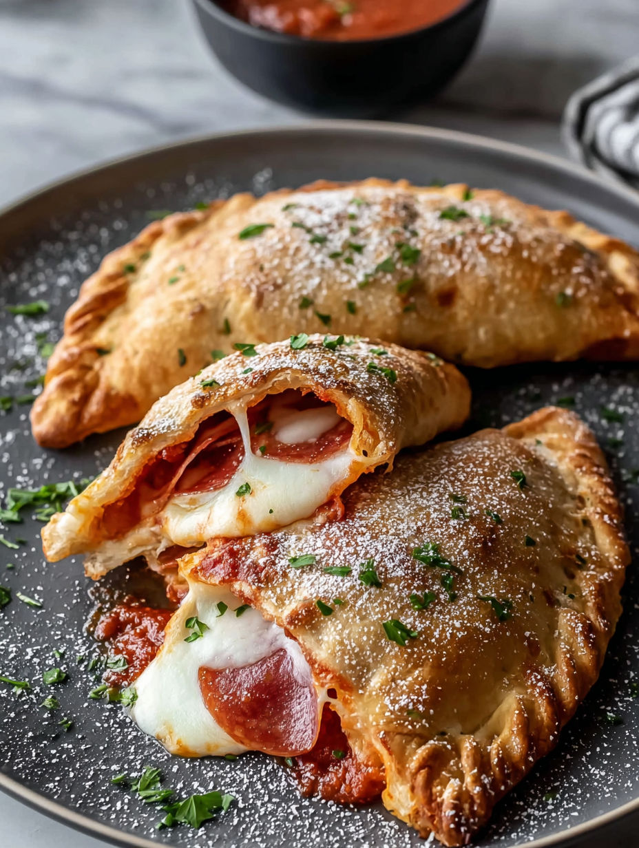 Two calzones with cheese and pepperoni on a plate.