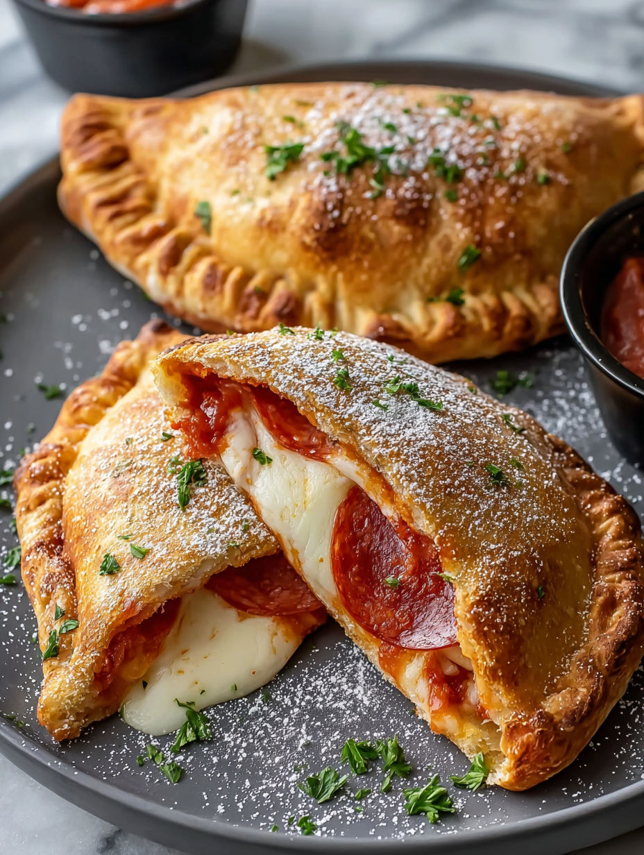 Two calzones with cheese and pepperoni on a plate.