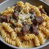 Ein Eintopf mit cremig-würzigem Knoblauchbutter-Steak und Pasta.