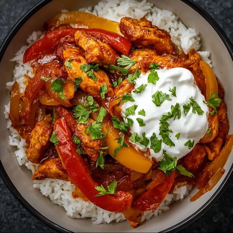 A bowl of Mexican chicken fajita with rice and peppers.