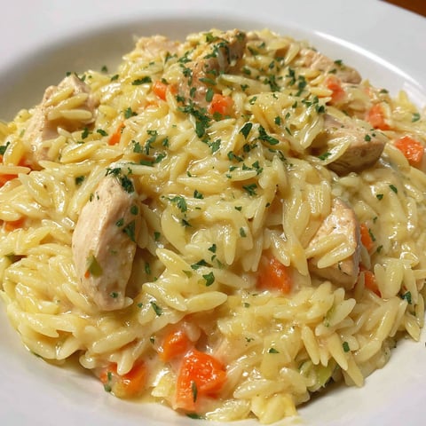A plate of creamy chicken and rice.