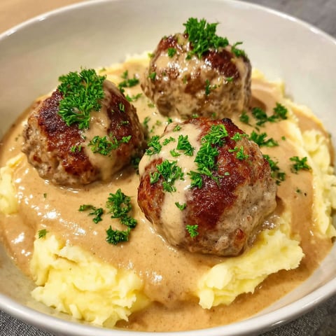 A bowl of food with meatballs and potatoes.