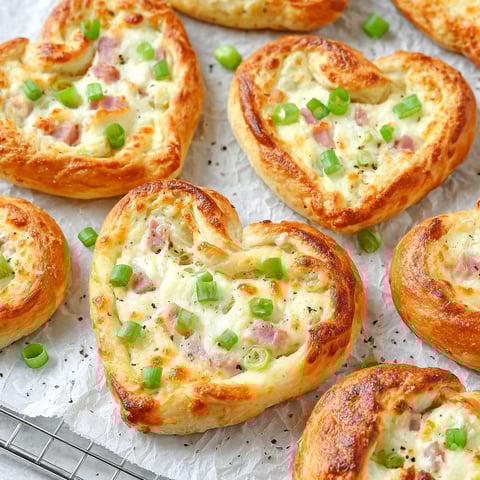 A tray of heart-shaped pastries filled with cheese and ham.