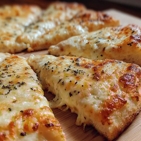 A pizza with cheese and herbs on a wooden table.