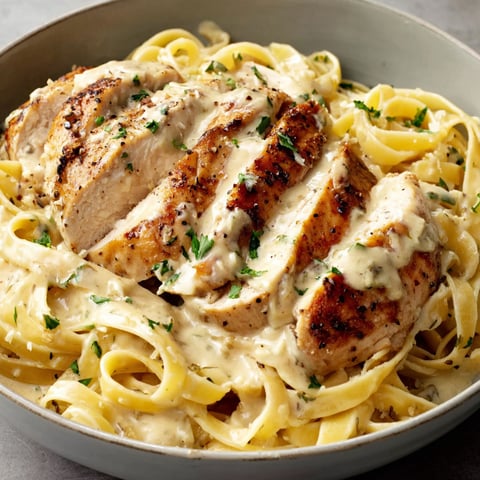 A plate of chicken Alfredo with noodles.