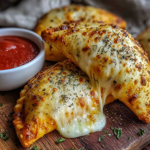 A white bowl of sauce with two cheesy pizza pockets.