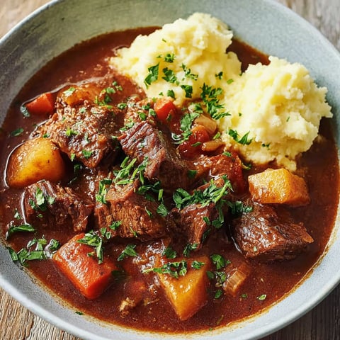 A bowl of beef stew with mashed potatoes and carrots.