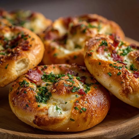 A plate of bacon and cheese stuffed bread.