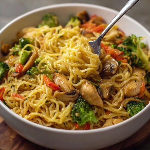 A bowl of chicken stir fry noodles.