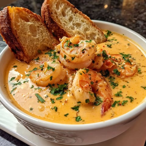 A bowl of creamy crab and shrimp seafood bisque.