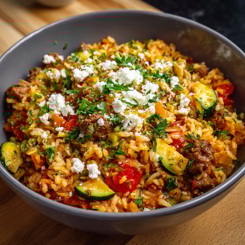 A bowl of rice with zucchini and feta cheese.