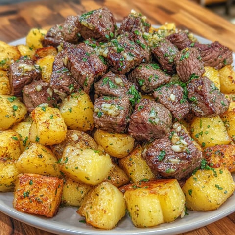 A plate of steak bites and potatoes with garlic butter.
