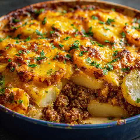A dish of cheesy ground beef and potatoes.