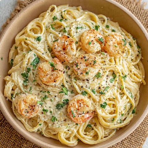 A bowl of spaghetti with shrimp and cream sauce.