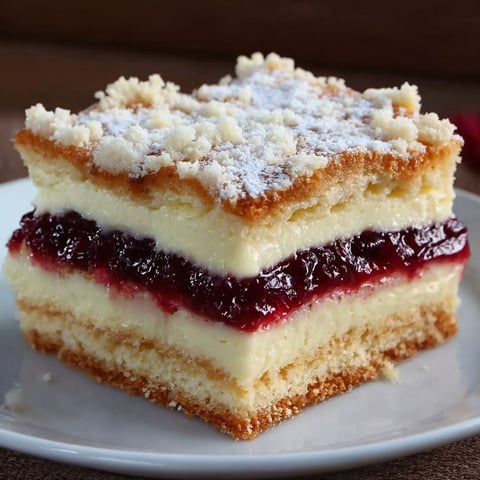 A slice of cake with white frosting and red fruit.