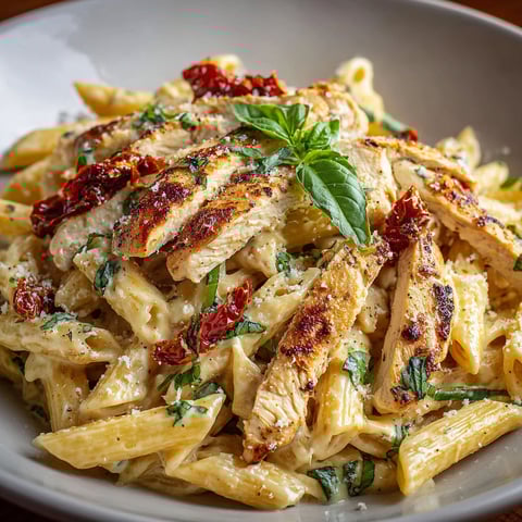 A plate of chicken and pasta.