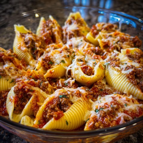 A bowl of stuffed shells with ground beef.