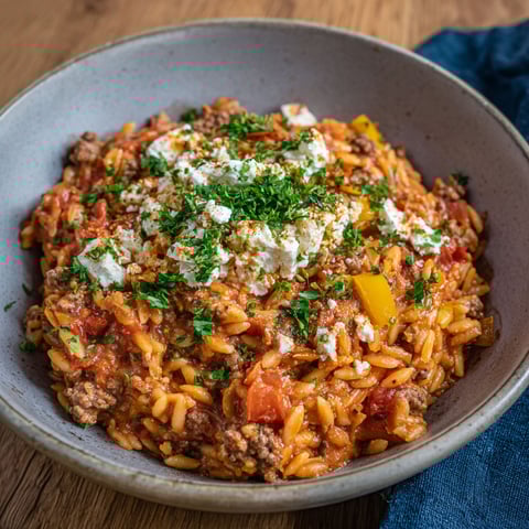 A bowl of Nudel-Hackfleisch Auflauf.
