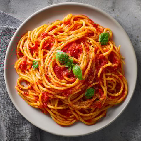 A plate of spaghetti with tomato sauce.