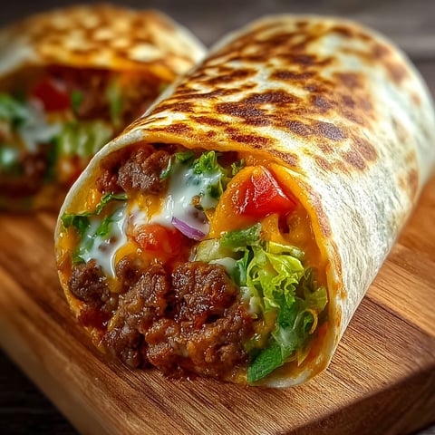 A burrito with meat and vegetables on a wooden cutting board.