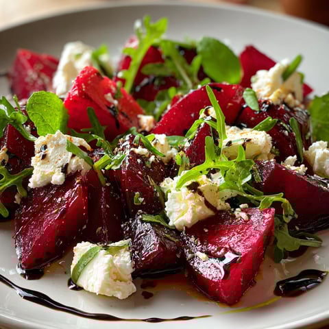 A plate of food with red beets and feta cheese.