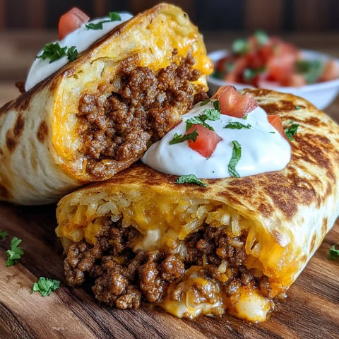 Two burritos with meat and cheese on a table.