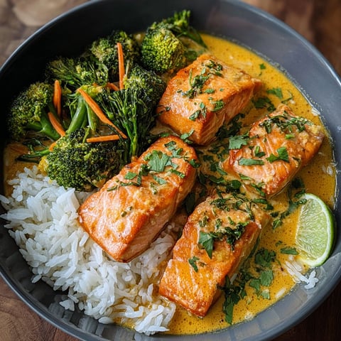 A bowl of salmon coconut curry with rice and broccoli.