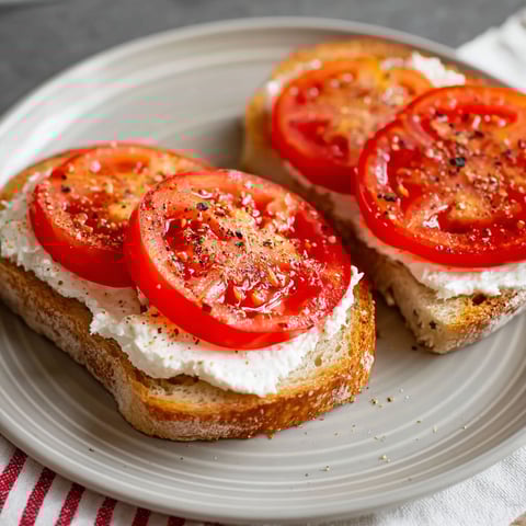 Two slices of bread with tomatoes and ricotta cheese.