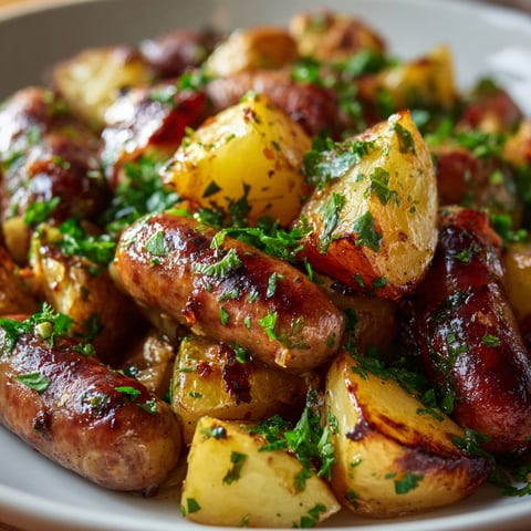 A plate of sausage and potatoes.