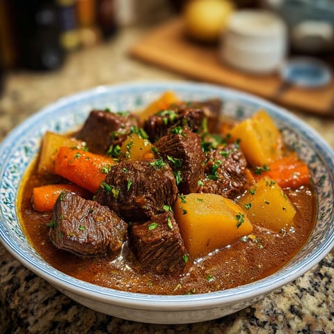 A bowl of beef stew with carrots and potatoes.