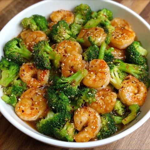 A bowl of shrimp and broccoli.