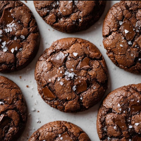 A close up of a fudgy salted brownie cookie.