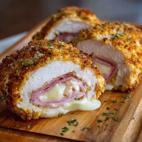 A piece of chicken cordon bleu on a wooden cutting board.