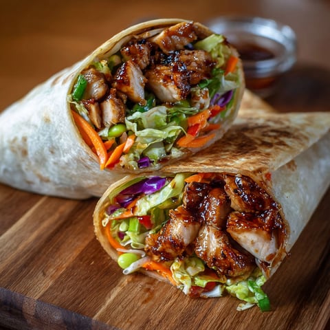 A teriyaki chicken wrap on a wooden table.
