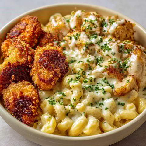 A bowl of food with chicken, pasta, and herbs.