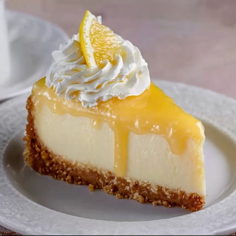 A slice of lemon cheesecake on a plate.