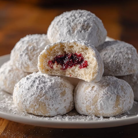 A plate of raspberry filled almond snowball cookies.
